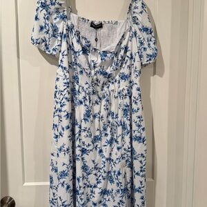 Floral Blue and White Midi  Milkmaid Dress